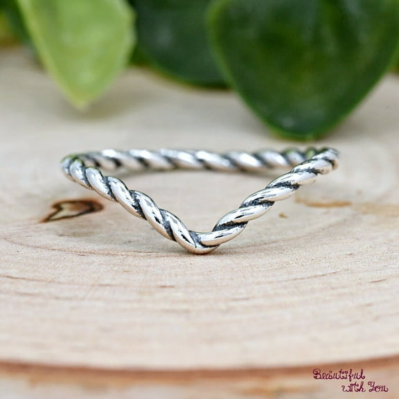 SS DESIGNS Vintage Style Twist Rope V Shape Chevron Ring, Dainty Oxidized Solid 925 Sterling Silver Twisted Wishbone Stackable Ring, Midi Thumb Ring