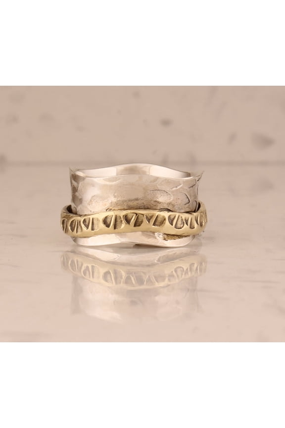 Wave Band Spinner Ring – Solid 925 Sterling Silver Two-Tone Textured Wedding Band, Handmade Fidget Anxiety Ring for Women, Stress Relief Gift