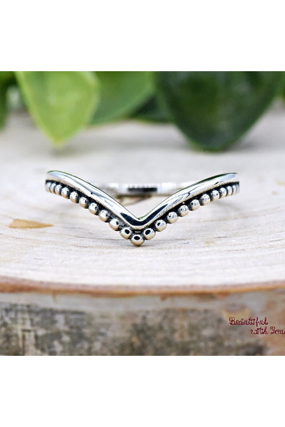 Wishbone Thumb Ring Sterling Silver Layered Two Line V Shape Chevron Beaded Silver Midi Stackable Modern Minimalist Ring