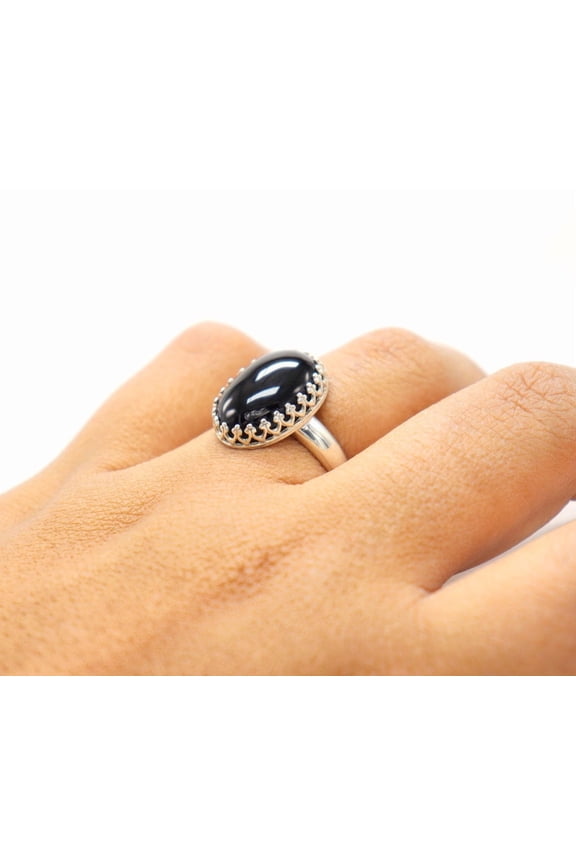 black onyx silver ring, Oval Statement Fashion Ring with Polished Bezel Setting