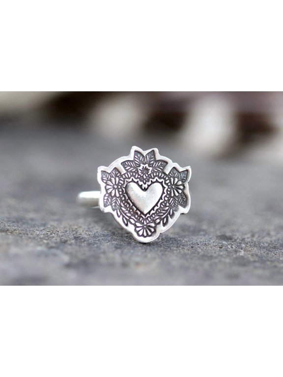 boho heart ring, Hand-Forged Artisan Floral Ring with 27x21mm Heart Centerpiece