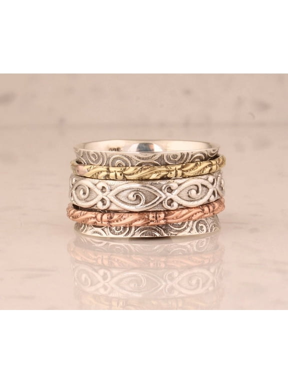 boho spinner ring' Silver Gold Tone Copper Textured Band for Bohemian Style