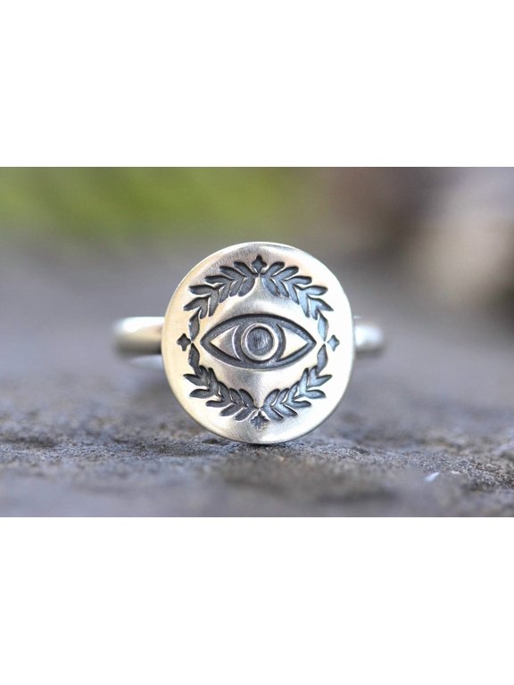 evil eye silver ring Boho Stacking Band with Hand-Stamped Fern Leaf Pattern