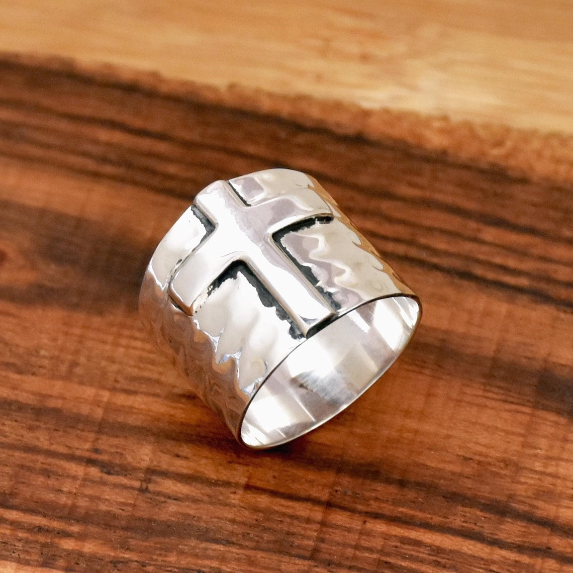 Religious Cross Pattern SS DESIGNS hammered silver cross ring Wide Band Raised Motif Unisex ...