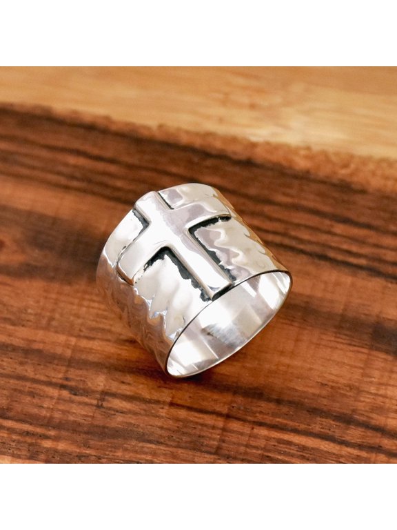 hammered silver cross ring Wide Band Raised Motif Unisex Silver Religious Jewelry Modern Faith Accessory