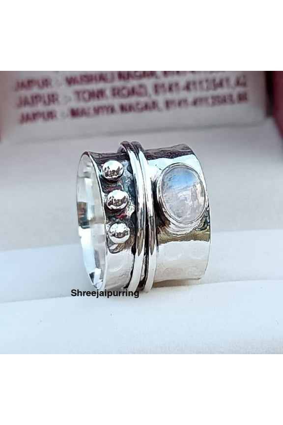 moonstone Solid 925 Sterling Silver Spinner Ring For Women, Handmade Hammered Band Two Tone Anxiety Fidget Ring For Anniversary