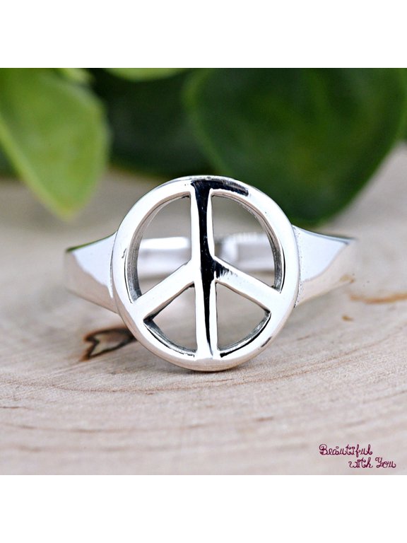 peace sign silver ring Handcrafted Minimalist Boho Stackable Band, High Polish Fashion