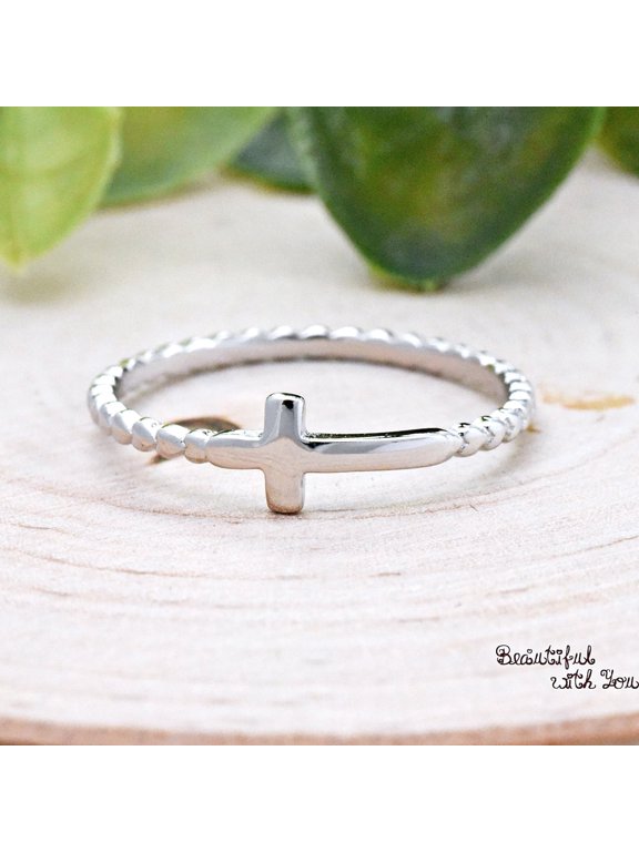 sideways cross ring, Minimalist Beaded Band for Dainty Stackable Jewelry