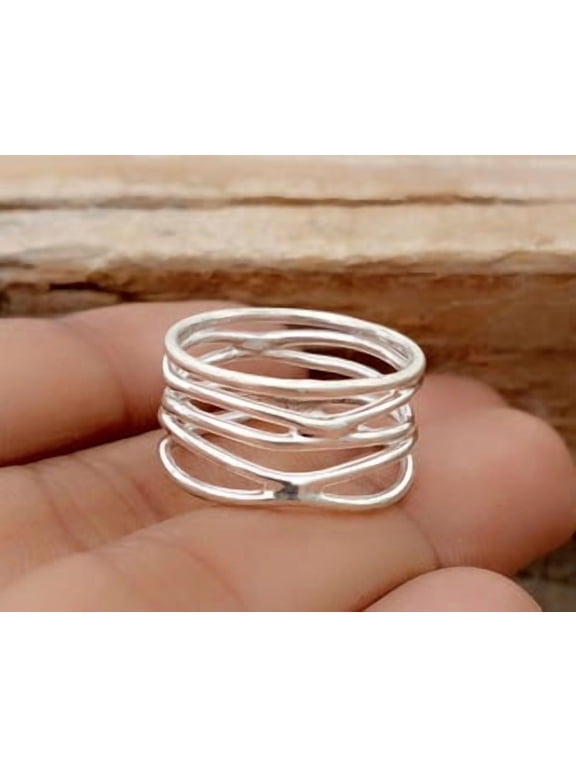 silver boho ring, Textured Oxidized Multi-Layer Band Ring, Artisan Vintage Style