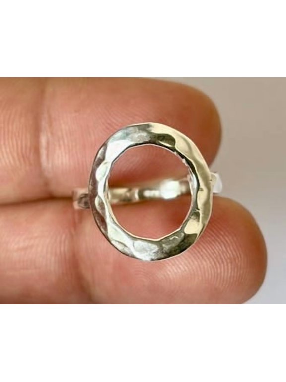 silver circle ring, Silver Hammered Open Band, Adjustable Minimalist Boho Accessory
