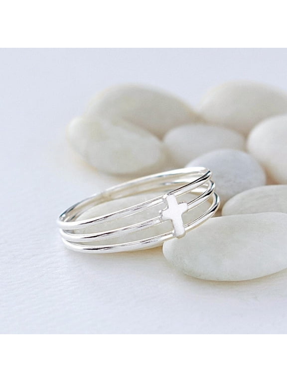 silver cross ring Multi Band Layered Sculptural Ring with Polished Finish for Everyday Faith Jewelry