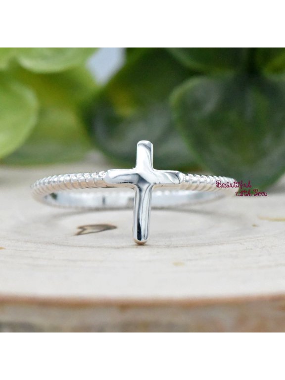 silver cross ring, Vertical Crucifix Band with Twisted Rope Design, 4mm