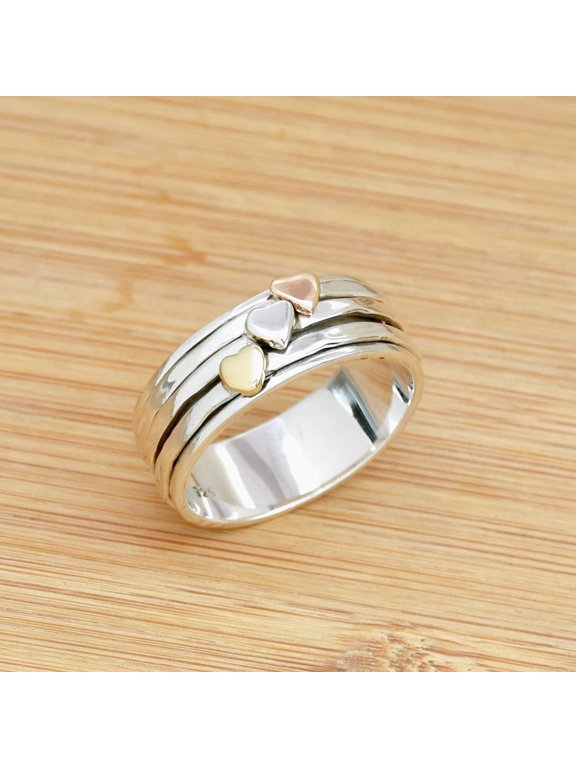 silver spinner ring, Triple Heart Textured Band for Women