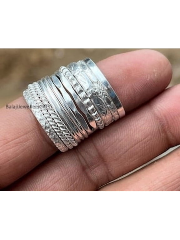 silver stacking ring set, 12-Piece Boho Band Collection with Varied Designs