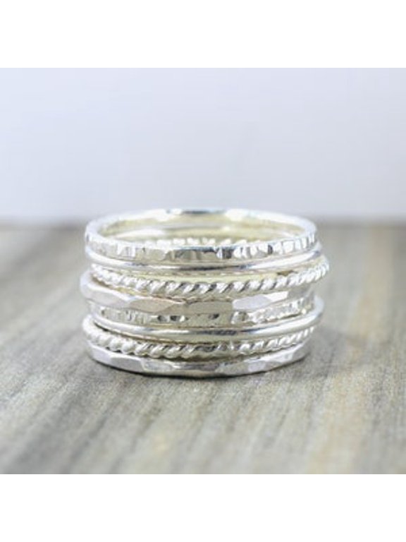 silver stacking rings set, 8-Piece Silver Tone Hammered and Twisted Bands