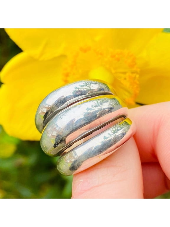 silver statement ring, Triple Band Chunky Fashion Ring for Women, Polished Wide Layered Design