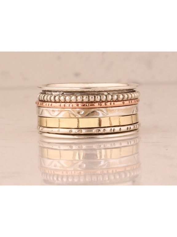 spinner ring, Three-Band Textured Design Spinning Fashion Jewelry