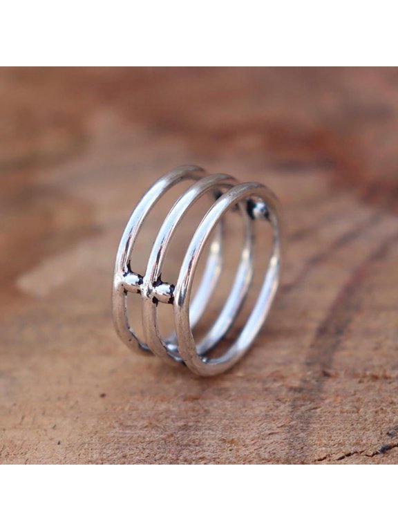 triple band silver ring, Chunky Multi-Row Polished Layered Ring for Daily Wear