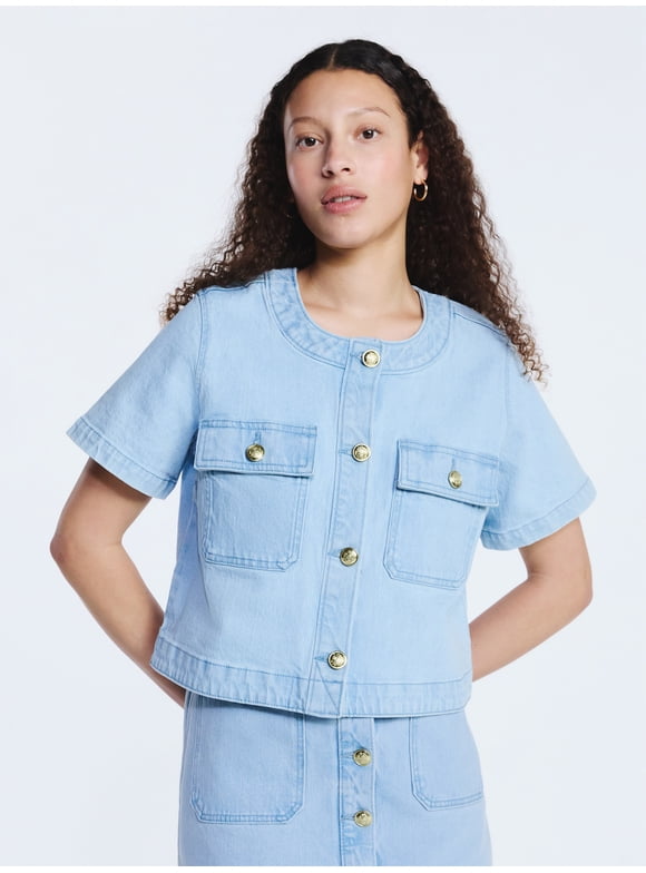 Women's Cropped Denim Jacket with Short Sleeves, Sizes XS-XXL