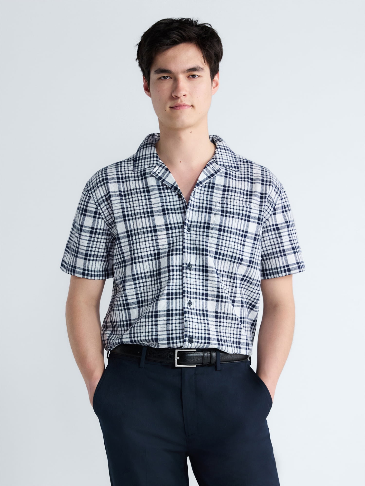 Free Assembly Men's Plaid Cotton Dobby Camp Shirt with Short Sleeves, Sizes XS-3XL