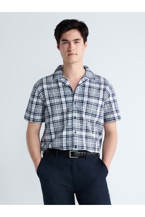 Men's Plaid Cotton Dobby Camp Shirt with Short Sleeves, Sizes XS-3XL