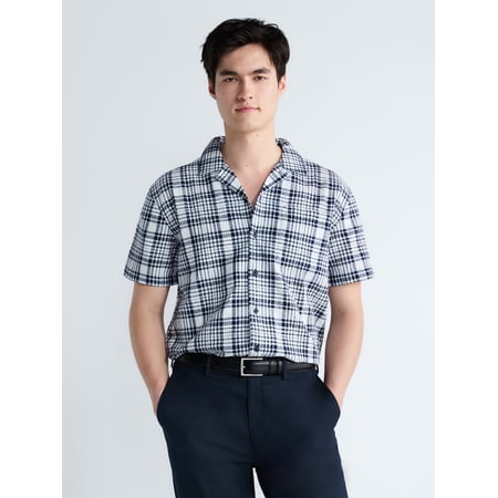 Free Assembly Men's Plaid Cotton Dobby Camp Shirt with Short Sleeves, Sizes XS-3XL