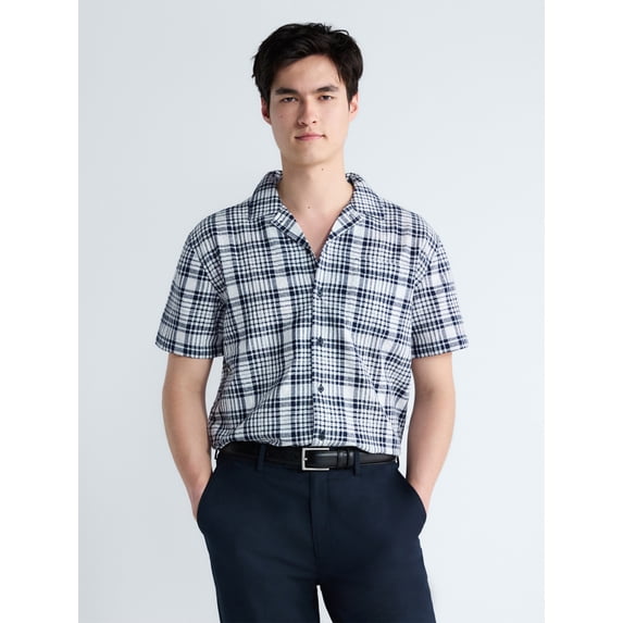 Free Assembly Men's Plaid Cotton Dobby Camp Shirt with Short Sleeves, Sizes XS-3XL