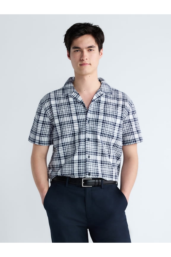 Men's Plaid Cotton Dobby Camp Shirt with Short Sleeves, Sizes XS-3XL