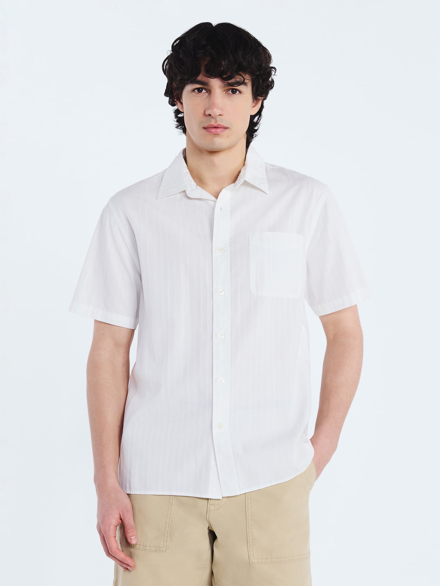 Free Assembly Men's Cotton Dobby Button Front Shirt with Short Sleeves, Sizes S-3XL