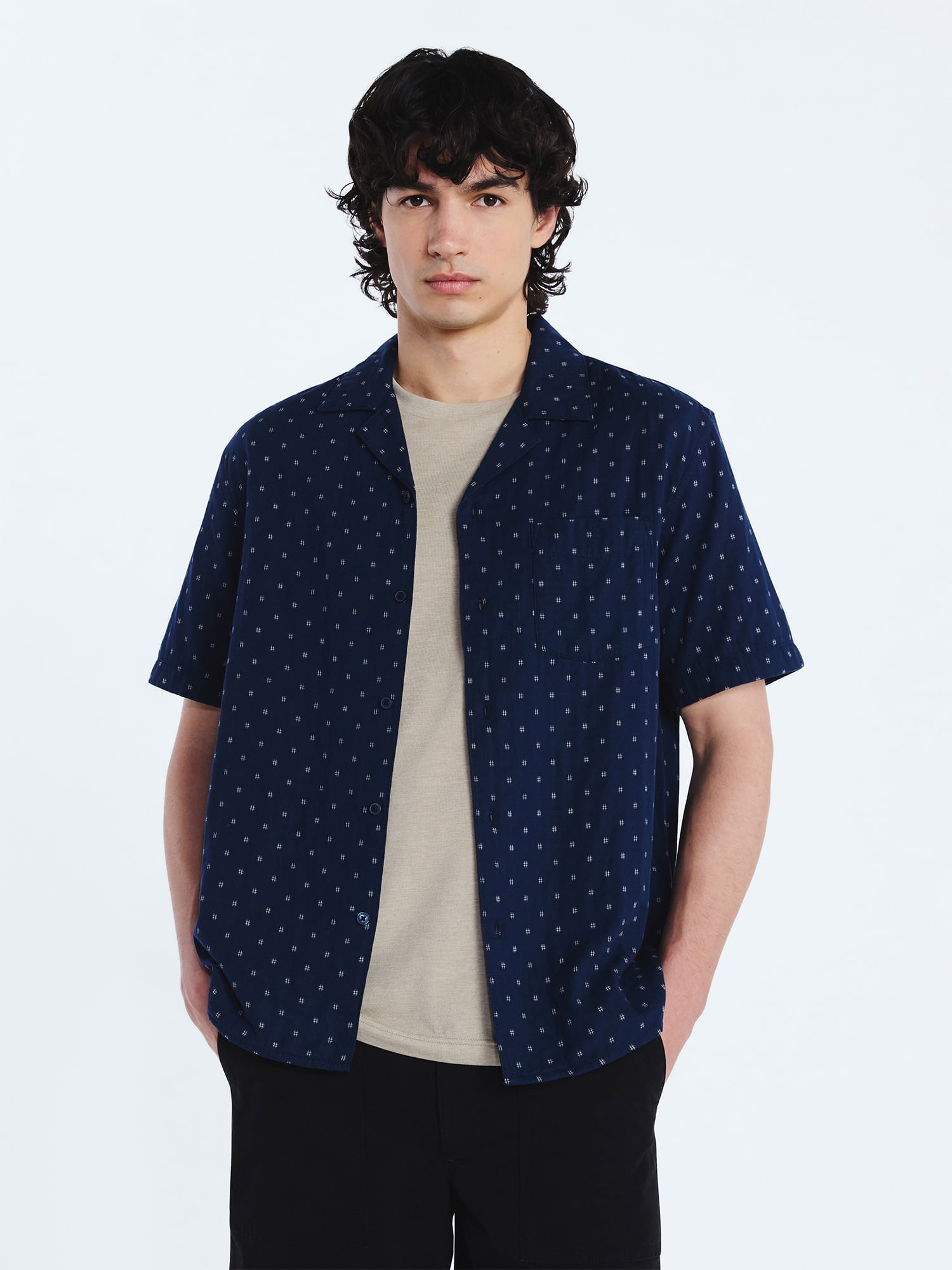 Free Assembly Men's Double Cloth Cotton Camp Shirt with Short Sleeves, Sizes S-3XL