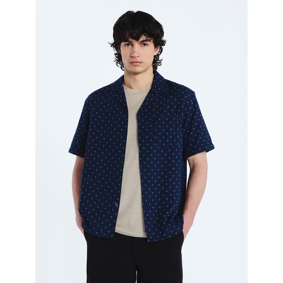 Free Assembly Men's Double Cloth Cotton Camp Shirt with Short Sleeves, Sizes S-3XL