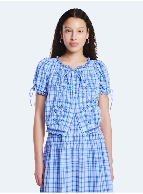 Women's and Women's Plus Embroidered Cropped Cotton Top with Short Sleeves, Sizes-XS-4X