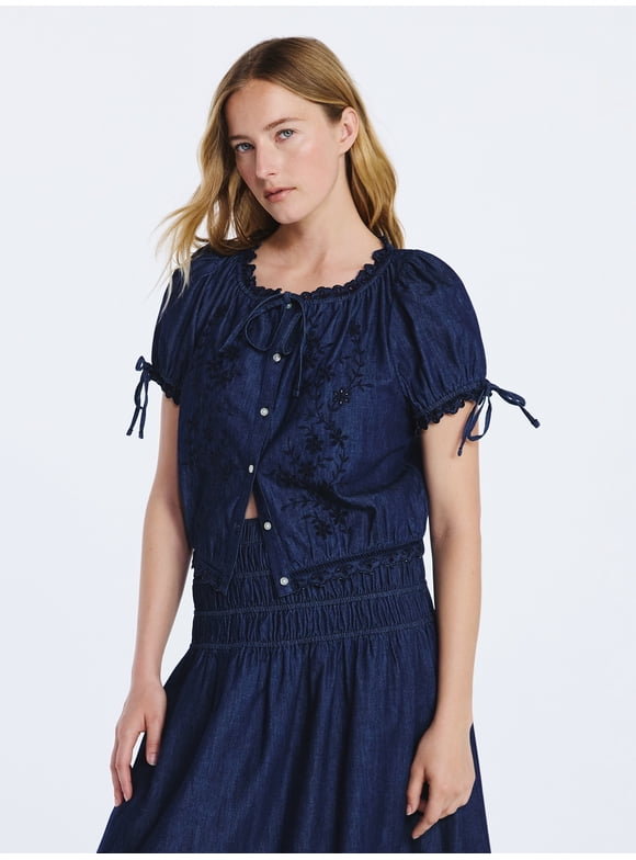 Women's and Women's Plus Embroidered Cropped Cotton Top with Short Sleeves, Sizes-XS-4X