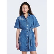 Women's and Women's Plus Embroidered Denim Mini Shirtdress with Belt, Sizes XS-4X