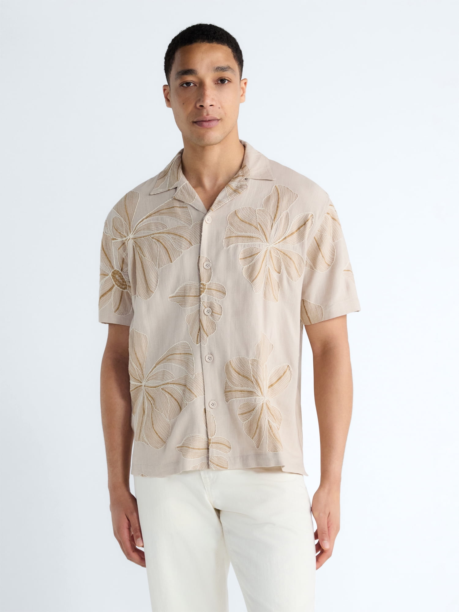 Free Assembly Men's Embroidered Linen Blend Camp Shirt with Short Sleeves, Sizes XS-3XL