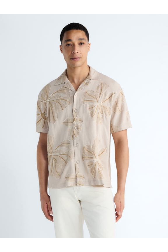 Men's Embroidered Linen Blend Camp Shirt with Short Sleeves, Sizes XS-3XL