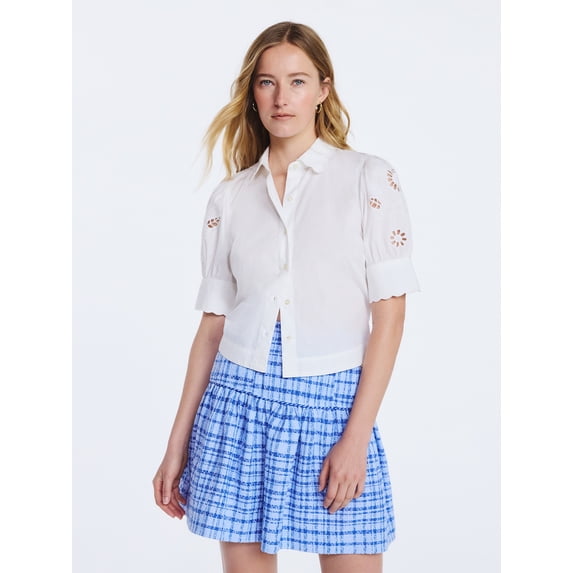 Free Assembly Women's and Women's Plus Cotton Eyelet Button Front Shirt with Short Sleeves, Sizes XS-4X