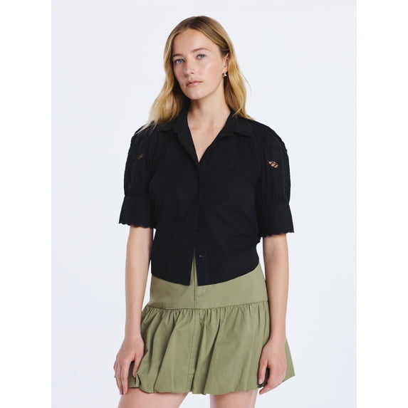 Free Assembly Women's and Women's Plus Cotton Eyelet Button Front Shirt with Short Sleeves, Sizes XS-4X