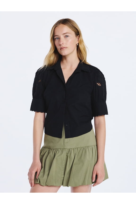 Women's and Women's Plus Cotton Eyelet Button Front Shirt with Short Sleeves, Sizes XS-4X