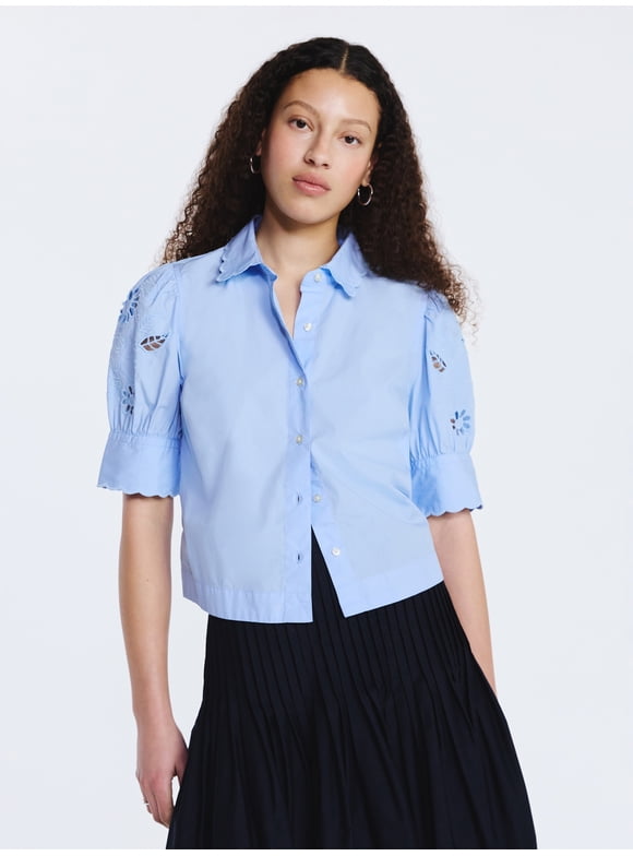 Women's Cotton Eyelet Button Front Shirt with Short Sleeves, Sizes XS-XXL