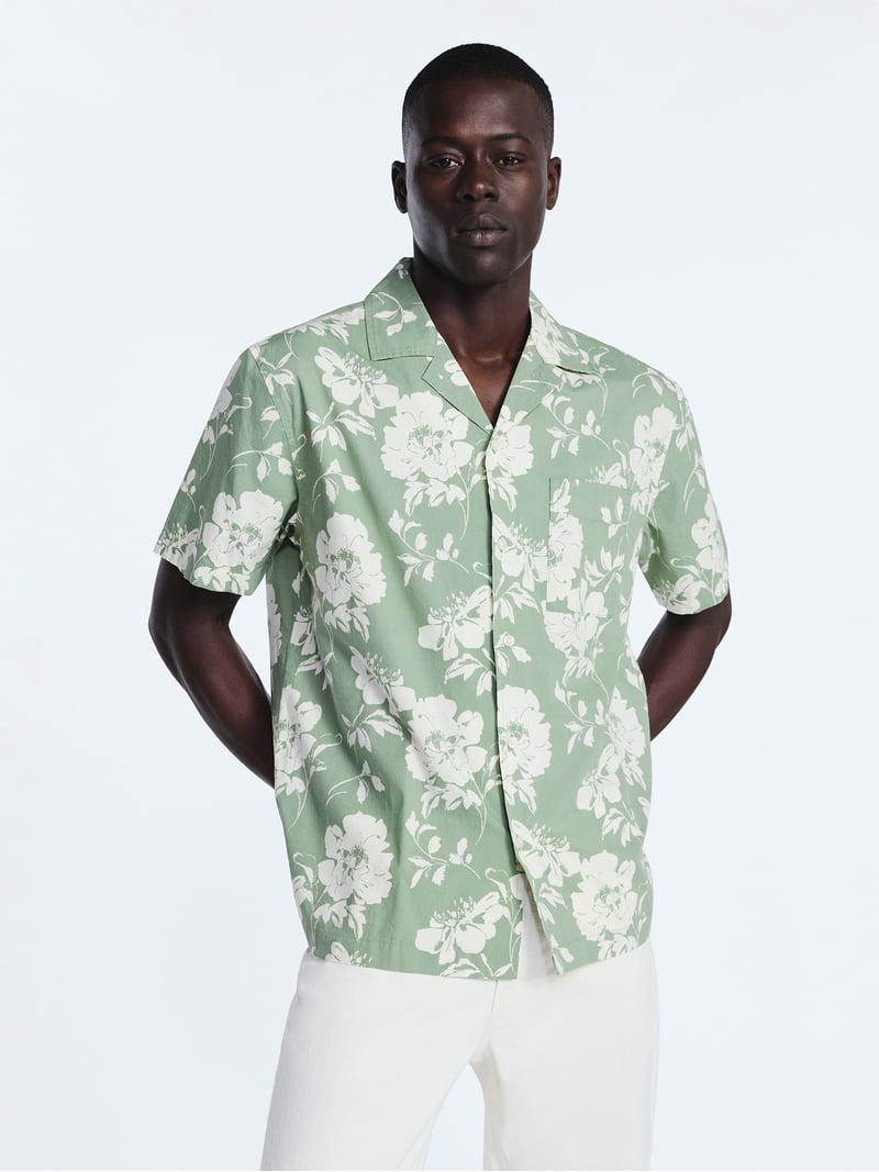 Free Assembly Men's Floral Cotton Camp Shirt with Short Sleeves