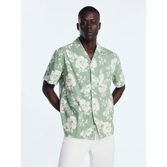 Free Assembly Men's Floral Cotton Camp Shirt with Short Sleeves, Sizes S-3XL