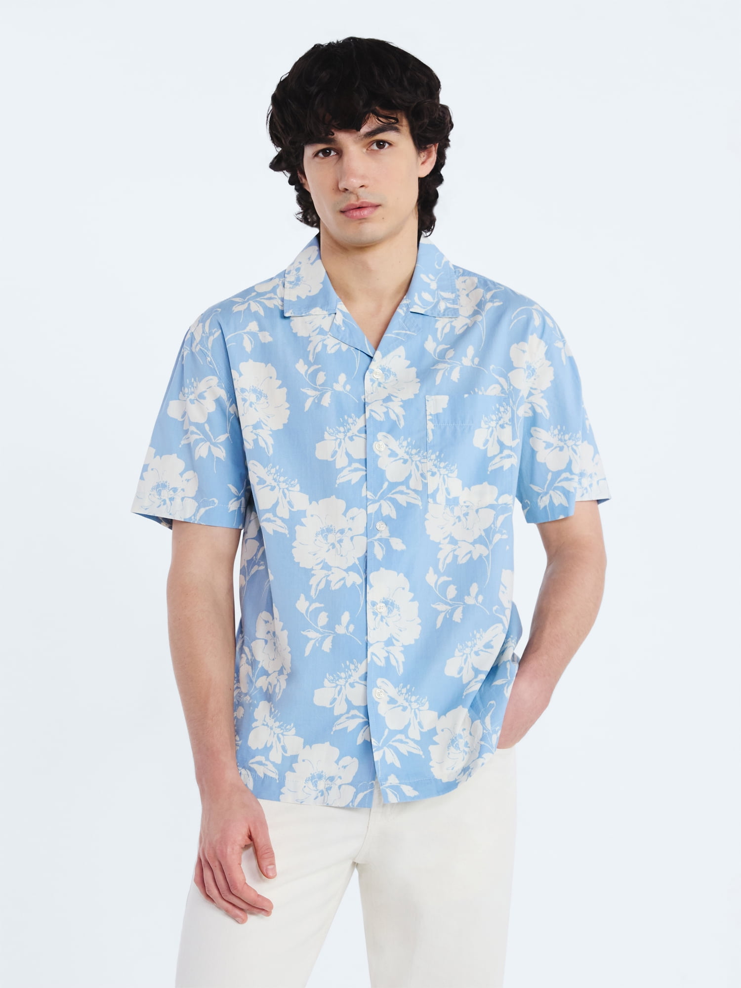 Free Assembly Men's Floral Cotton Camp Shirt with Short Sleeves, Sizes S-3XL