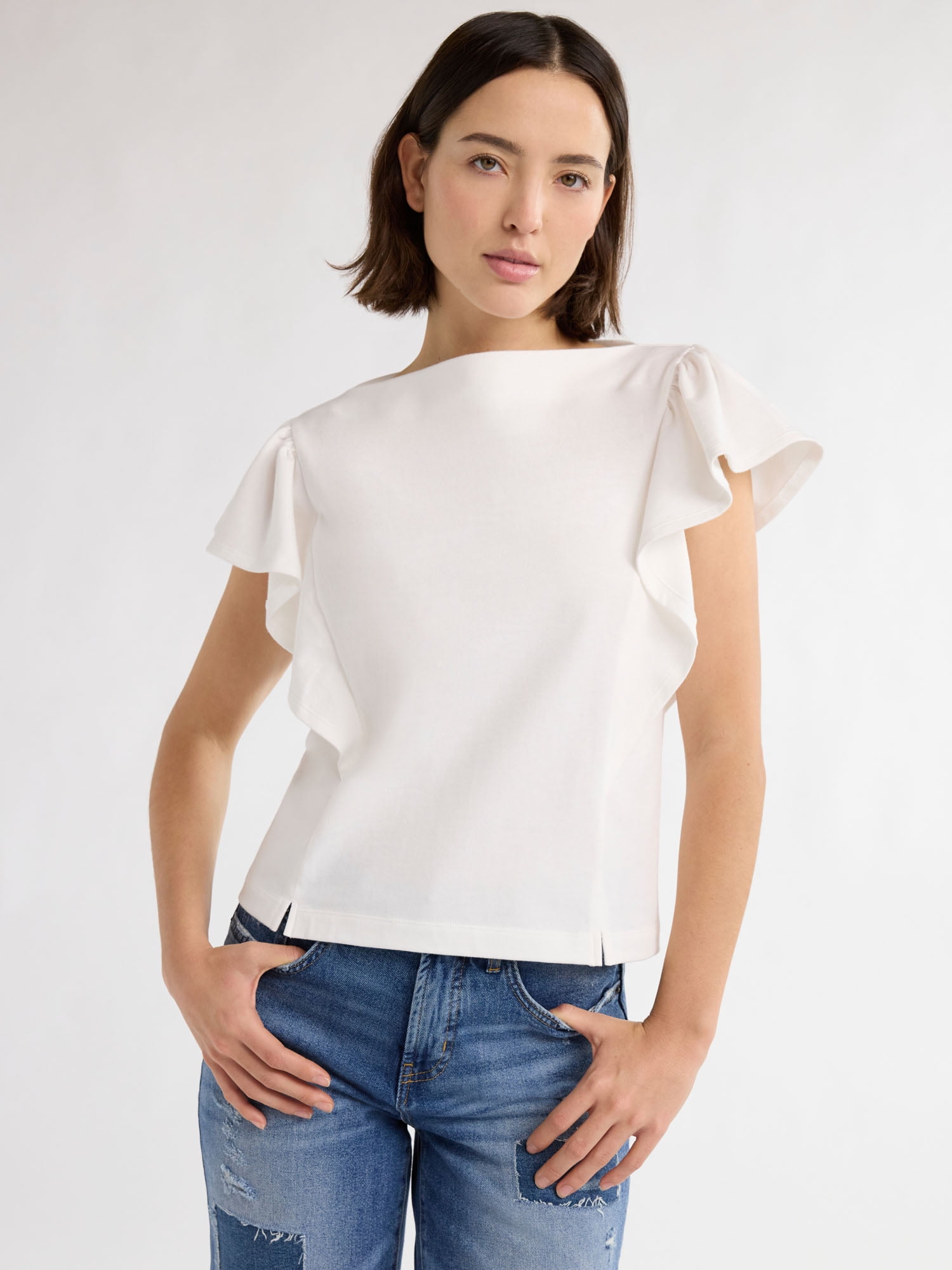 Free Assembly Women’s and Women's Plus Cotton Tee with Short Flutter Sleeves, Sizes XS-4X