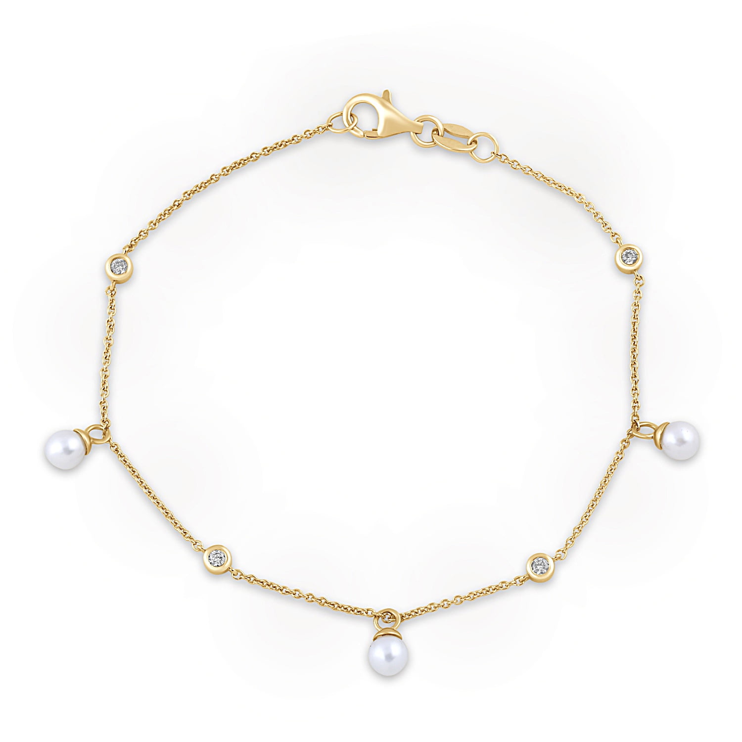 Brilliance Fine Jewelry Lab-Grown Diamond and Pearl Station Bracelet in Yellow Gold-Plated Silver