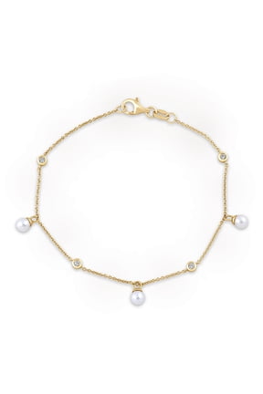 Lab-Grown Diamond and Pearl Station Bracelet in Yellow Gold-Plated Silver