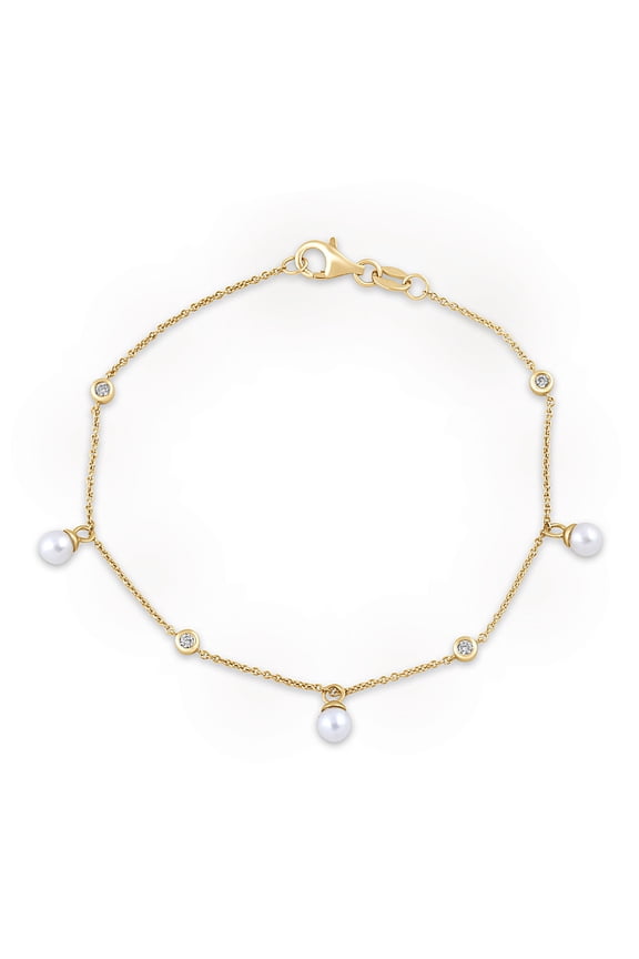 Lab-Grown Diamond and Pearl Station Bracelet in Yellow Gold-Plated Silver