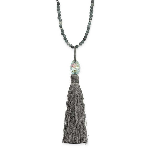 SS Green Glass/Hematite/Grey Quartz w/Nylon Tassel Drop Necklace QH5445