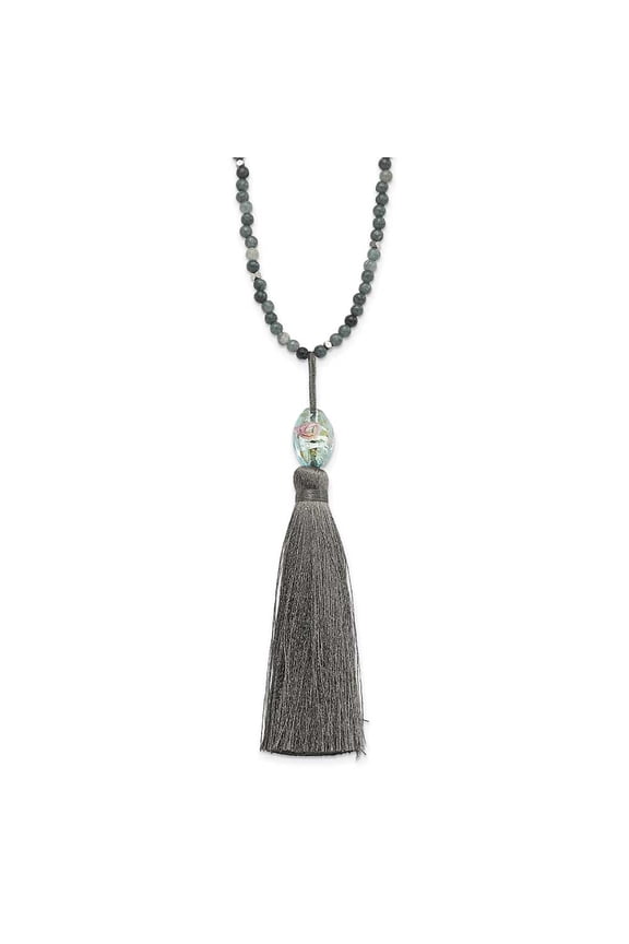 SS Green Glass/Hematite/Grey Quartz w/Nylon Tassel Drop Necklace QH5445