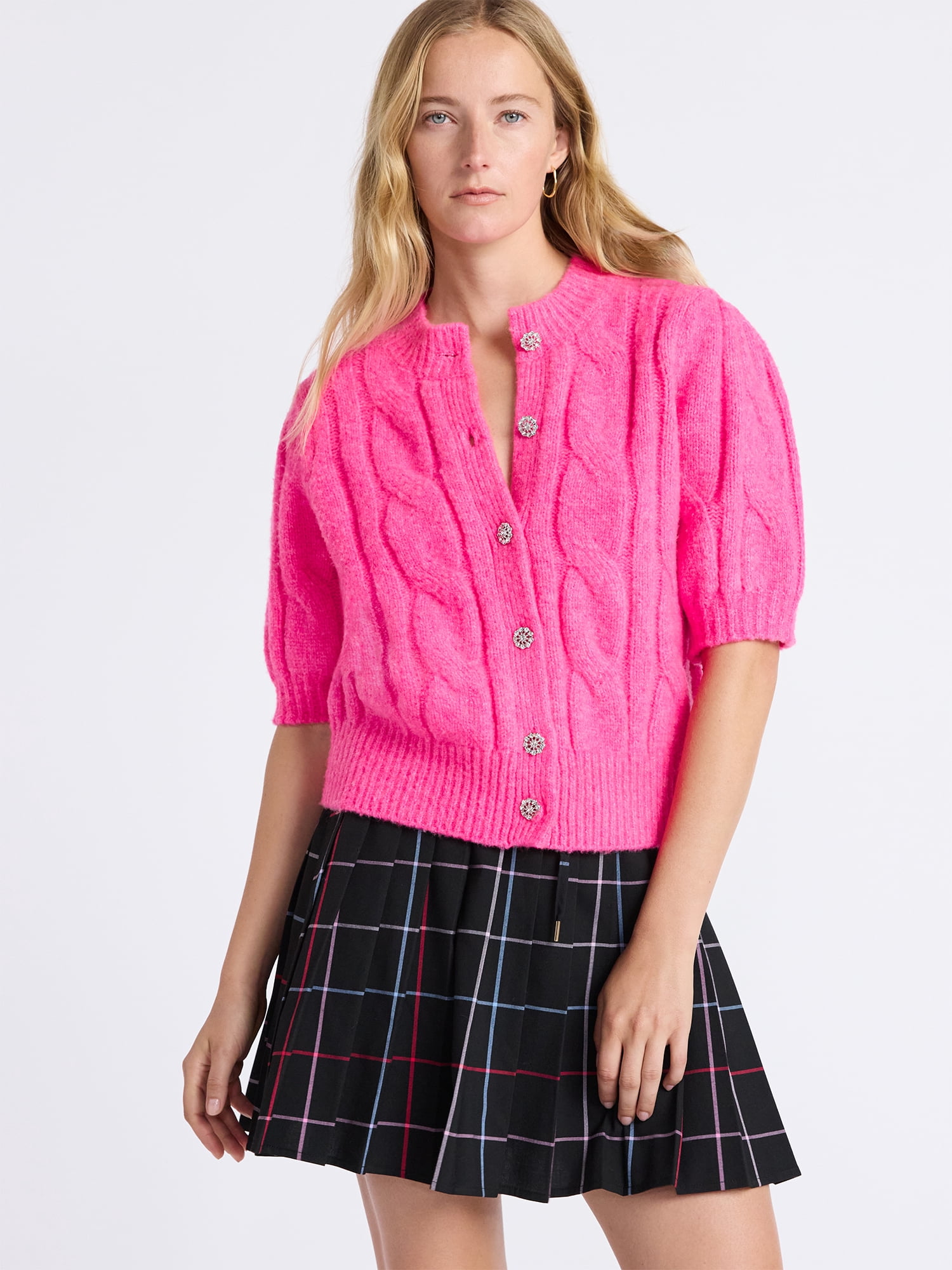 Free Assembly Women's and Women's Plus Cable Cardigan with Short Puff Sleeves, Sizes XS-4X